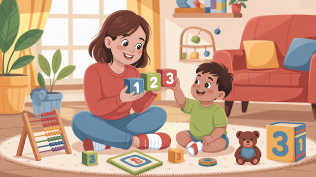 Mother and toddler playing with blocks on living room floor with educational toys