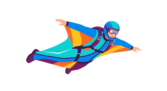 A wingsuit flyer soars through the air in a dynamic pose
