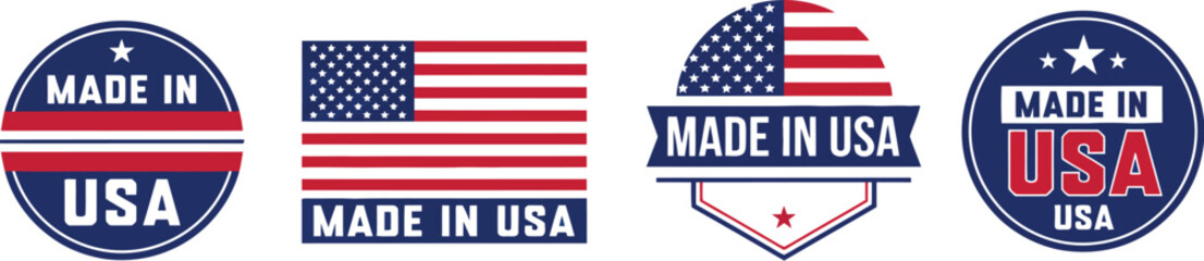 Made in USA logo set with patriotic American flag icons and labels