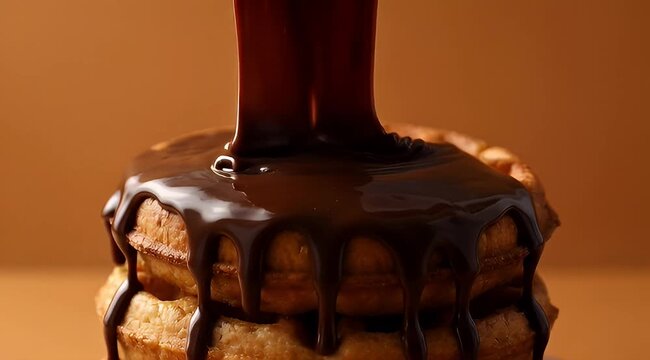A decadent stack of golden waffles being drizzled with rich chocolate syrup