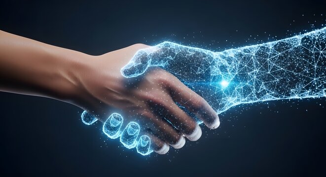 Human and digital hands shaking. Artificial intelligence partnership and future collaboration. Real person shaking hands with a glowing wireframe digital avatar in a virtual space