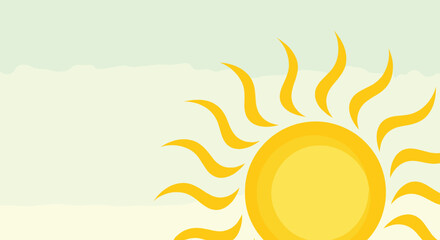 Naklejka premium Bright yellow sun with wavy rays shining in a soft blue sky with faint white clouds at the bottom edge of the frame.