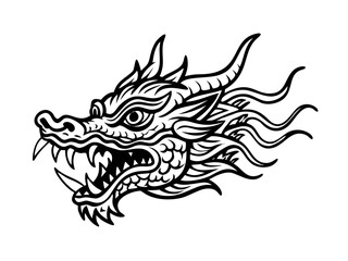 Obraz premium Asian dragon head tattoo style black line illustration isolated on white