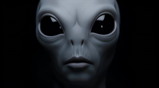 Dramatic Closeup of Alien Face with Large Black Eyes on Black Background