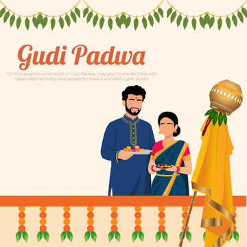 Happy Gudi Padwa Indian New Year Festival Greeting Illustration, Gudi Padwa Festival Greeting Card vector illustration.