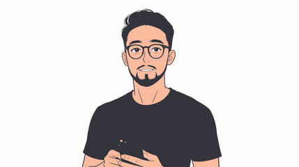 Fototapeta premium A man with glasses stands and holds a smartphone in his hands. He appears focused and casual in his posture and attire.
