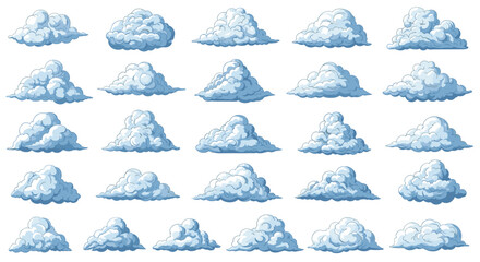 Large set of various white fluffy cartoon clouds with soft blue shadows arranged in a clean grid pattern on a plain white background.