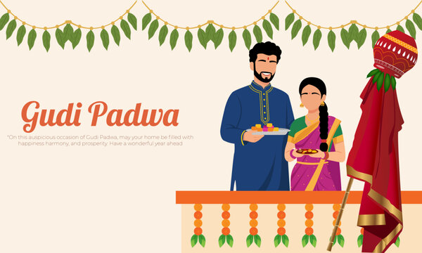 Happy Gudi Padwa Indian New Year Festival Celebration Illustration, Traditional Gudi Padwa Puja Ceremony vector illustration.