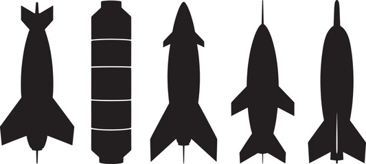 Fototapeta premium Black silhouettes of various rockets missiles space technology transportation