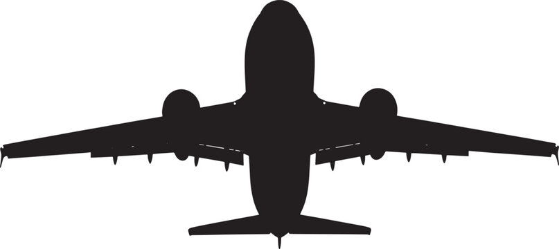 Black silhouette of a airplane from above white background