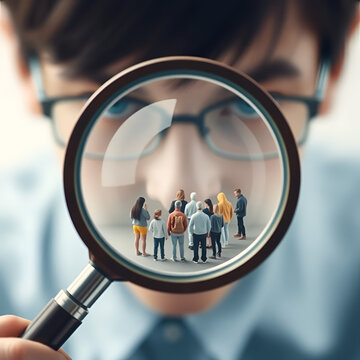 A person holding a magnifying glass with a group of people in the center. The people are all different sizes and are all looking at the same thing