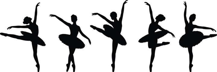 Five black silhouettes of ballerinas in graceful dance poses on white background ballet dancer © MDBENJIR