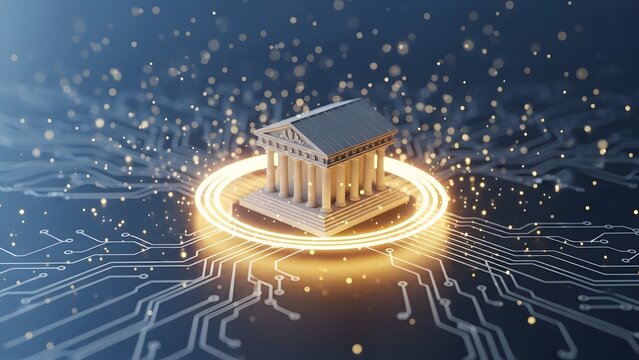 Digital banking and decentralized financial systems. Future of architecture and fintech. Neoclassical bank building sitting on a glowing golden circuit board with floating particles