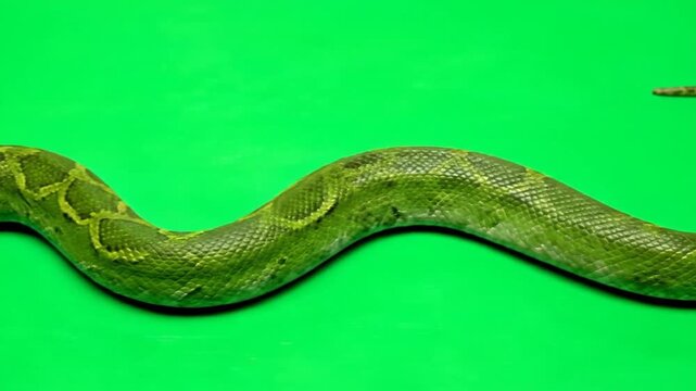 A long green snake slithers across a Video greenscreen background