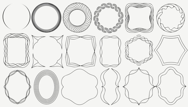 Minimal Elegant Decorative Frame Border Vector Set with 20 Thin Line Frames, Circle Square Rectangle Oval Hexagon Ornamental Outline Borders