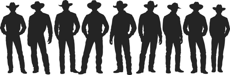 Silhouettes of eight cowboys in hats and western attire standing side by side vector illustration
