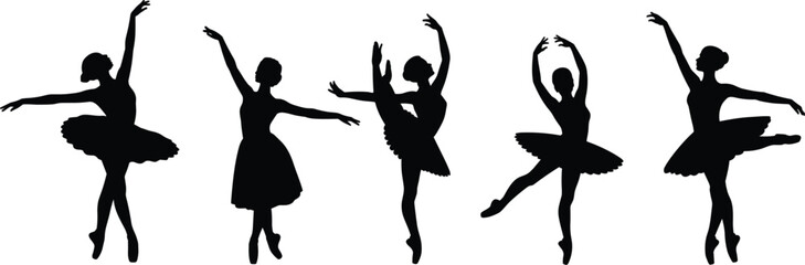 Silhouettes of five ballerinas in various elegant dance positions on white background ballet dancer © MDBENJIR