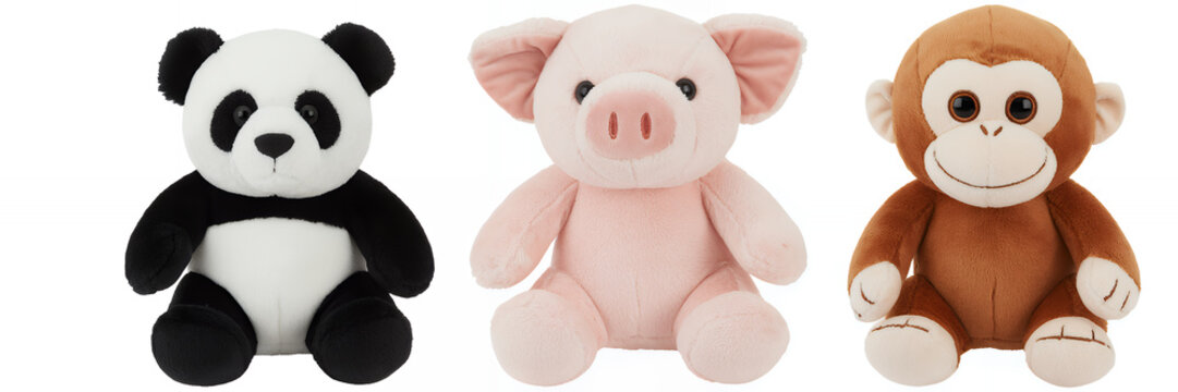 Three stuffed animals panda pig monkey toys