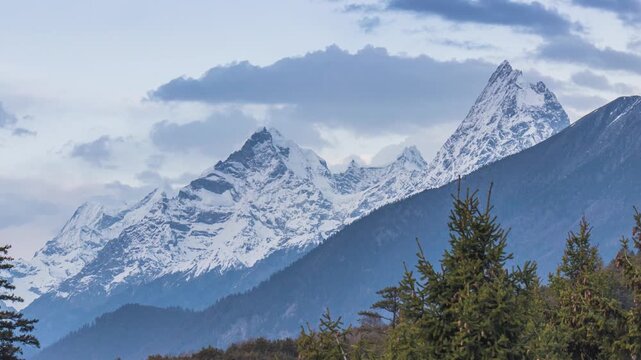 Sunset Time-lapse of Jieqin Langlagabu Snow Mountain in Nyingchi, Tibet, China
