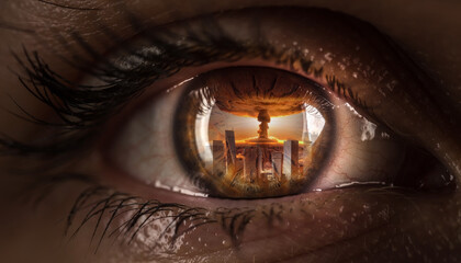 Naklejka premium Extreme Macro Human Eye with Nuclear Explosion Reflection Over City – Global Catastrophe Concept
