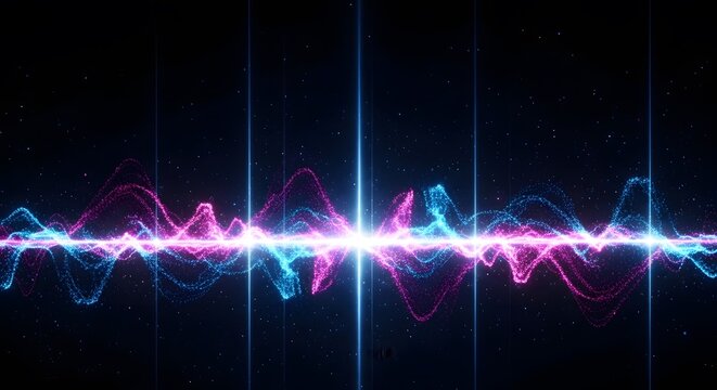 Pink and blue glowing audio sound wave particles. Digital frequency and music technology. Symmetrical light waves moving through a dark space with stars and lens flare