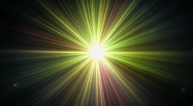 Radiant light explosion in the darkness with yellow and green light rays