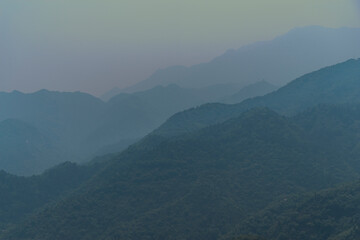 Blue Misty Mountain Ridges, Abstract Nature Landscape with large copy space