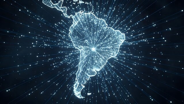 South America map formed by glowing digital dots and lines. Global connectivity and network communication. Map of Latin America emitting light rays in a dark space
