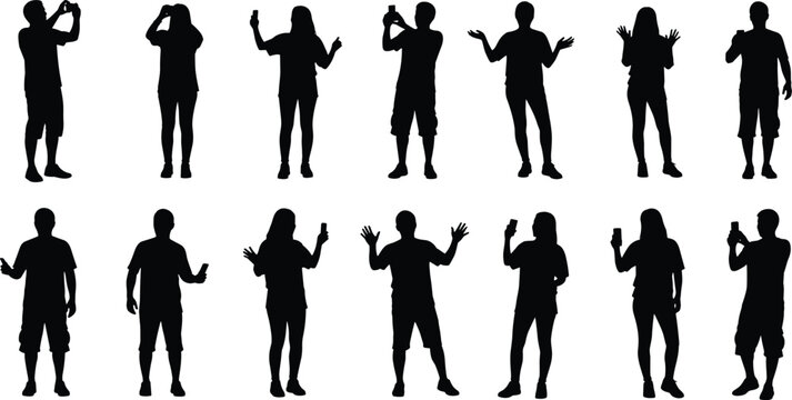 People using smartphones silhouettes set, men and women texting, calling, taking photos, social media lifestyle vector illustration