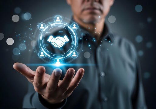 Businessman holding a digital handshake icon with network connection, concept of business partnership, collaboration, teamwork, and professional agreement in digital age