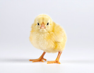 Obraz premium A fluffy yellow baby chick stands facing forward on a clean white background with its beak slightly open and eyes