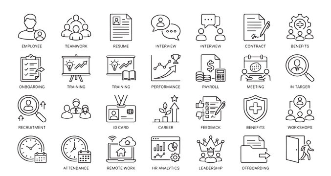 Human Resources Icon Set Pack. Editable Vector Illustration. employee, teamwork, resume, interview, onboarding, recruitment more Icons, line editable icon set, Outline icons collection. 
