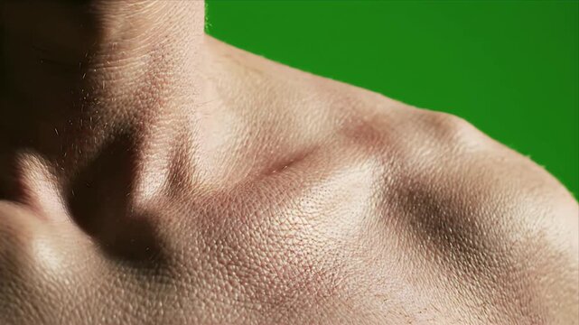 Close-up Macro Shot of Human Skin Texture with Subtle Shadow Movement Against a Vibrant Green Background Ideal for Medical or Cosmetic Visuals