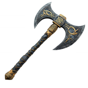 A striking ancient double bladed axe with intricate golden Celtic knot patterns and a textured wrapped handle