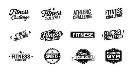 Obraz premium Fitness challenge logo design collection featuring sports typography, gym branding, athletic badges, bold lettering, motivational graphics, flat vector illustration
