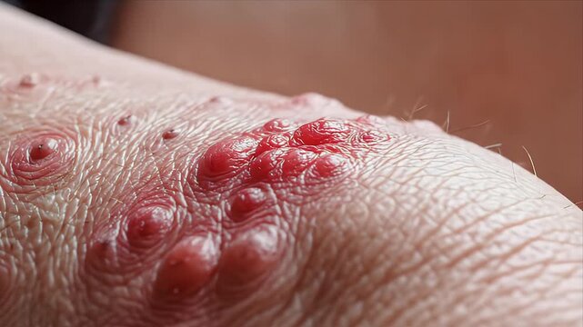 Extreme Macro Close-Up of Human Lower Leg Skin Displaying Red Inflamed Lesions and Papules Detailed View