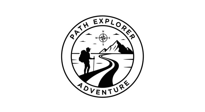 Hiking Adventure Logo with Mountain Path and Explorer Silhouette