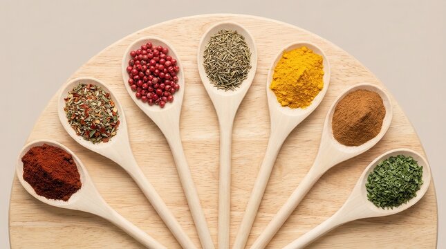 Assorted spices displayed in wooden spoons arranged in a circular pattern on a wooden surface, showcasing vibrant colors and textures of each spice variety