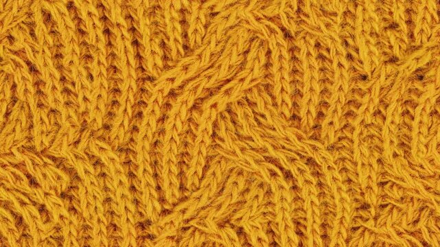Seamless loop of mustard yellow cable knit fabric texture scrolling horizontally, 4K resolution, 3d rendering.
