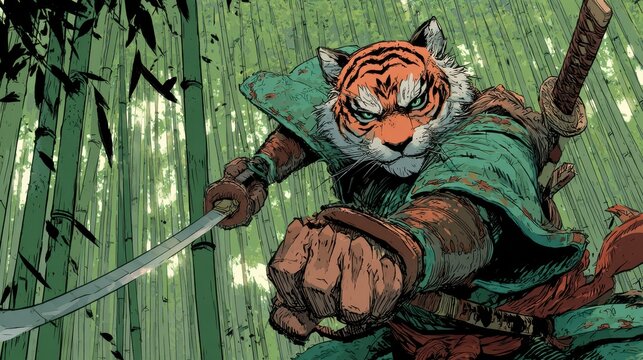 Tiger warrior stands in bamboo forest with sword ready for battle in a fierce display of strength and skill