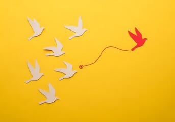 Obraz premium Conceptual image of a red bird leading a group of white birds, representing leadership, innovation, and following a unique path, isolated on yellow background