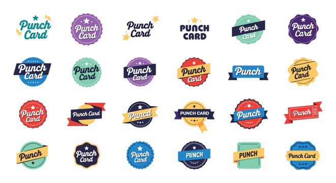 Punch card badge design collection featuring loyalty program labels, promotional branding icons, colorful typography graphics, reward system design, flat vector illustration