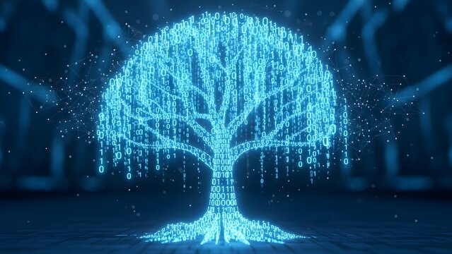 Digital binary tree representing big data growth and machine learning. Information technology and software development. Glowing blue tree made of ones and zeros in a server room