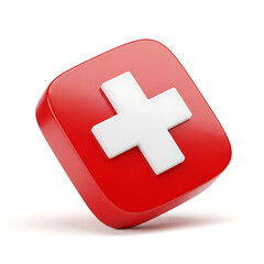 Fototapeta premium Red 3D plus sign icon on a glossy surface.