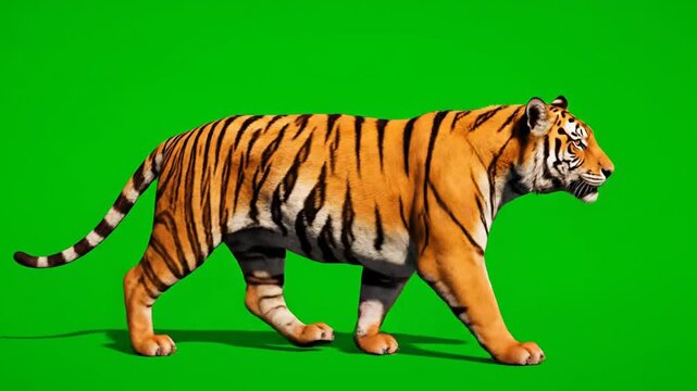 Tiger walking on Video greenscreen background for seamless integration