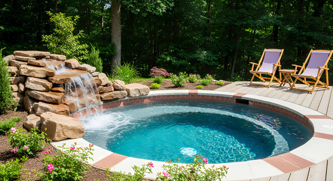 Small backyard pool with waterfall and landscaped surroundings