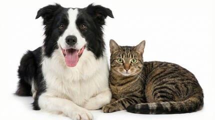 Obraz premium A black and white dog and a brown tabby cat sitting together on white background animal pet border collie studio shot friendship companion collar mammal