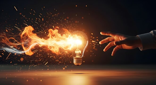Incandescent light bulb exploding with fire and golden sparks. Creative energy and sudden inspiration. Business person reaching toward a glowing bulb that is bursting with light and heat.