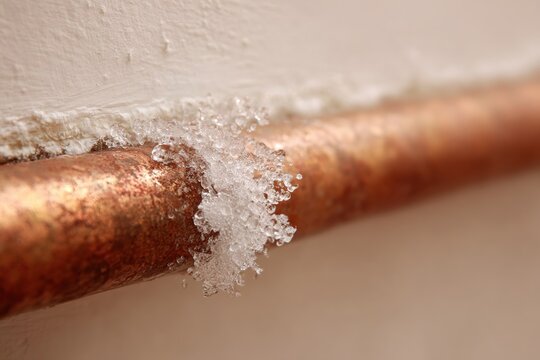 Rusty metal pipe with a visible water leak dripping from the joint against a blurred gray background, showcasing signs of wear and corrosion