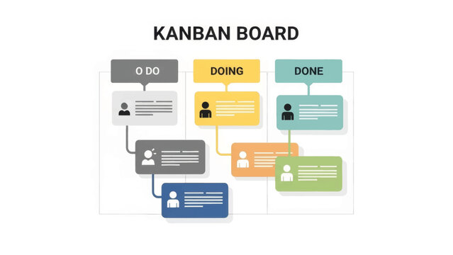 Agile Kanban board diagram illustration. Project management workflow with to do, doing, and done columns. Flat design vector graphic for task organization and productivity.